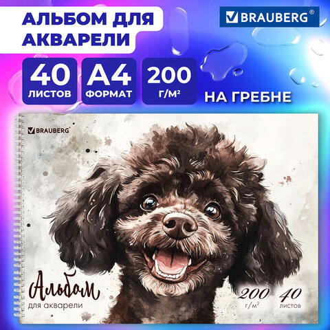 Альбом для акварели А4 40 л., бумага 200 г/м2, гребень, твердая подложка,