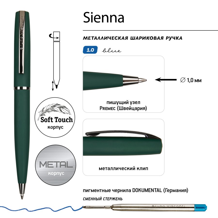 РУЧКА "SIENNA" В ФУТЛЯРЕ-СЛАЙДЕРЕ, 1.0 ММ, СИНЯЯ (корпус зеленый,