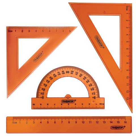 Набор чертежный ПИФАГОР (линейка 16 см, 2 треугольника, транспортир), неоновый,