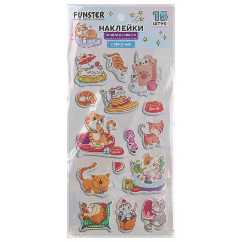Наклейки зефирные "Котики", 18х9,5 см, ассорти 6 видов, FUNSTER