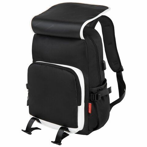 Рюкзак BRAUBERG FUSION универcальный, USB-порт, черный с белыми вставками,