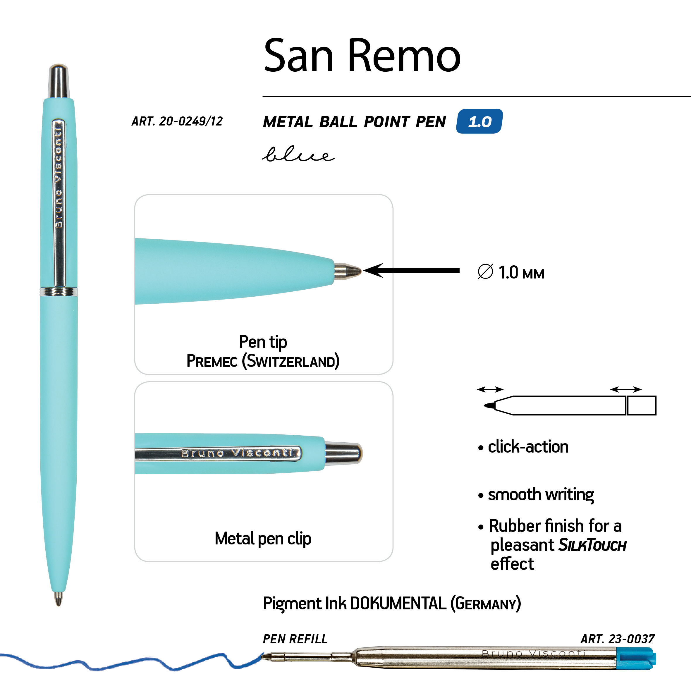 РУЧКА "SAN REMO" ШАРИКОВАЯ, АВТОМАТИЧЕСКАЯ, ГОЛУБОЙ МЕТАЛЛИЧЕСКИЙ