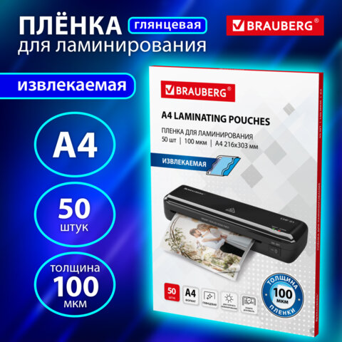 Пленки-заготовки для ламинирования ИЗВЛЕКАЕМЫЕ А4, КОМПЛЕКТ 50 шт., 100 мкм,
