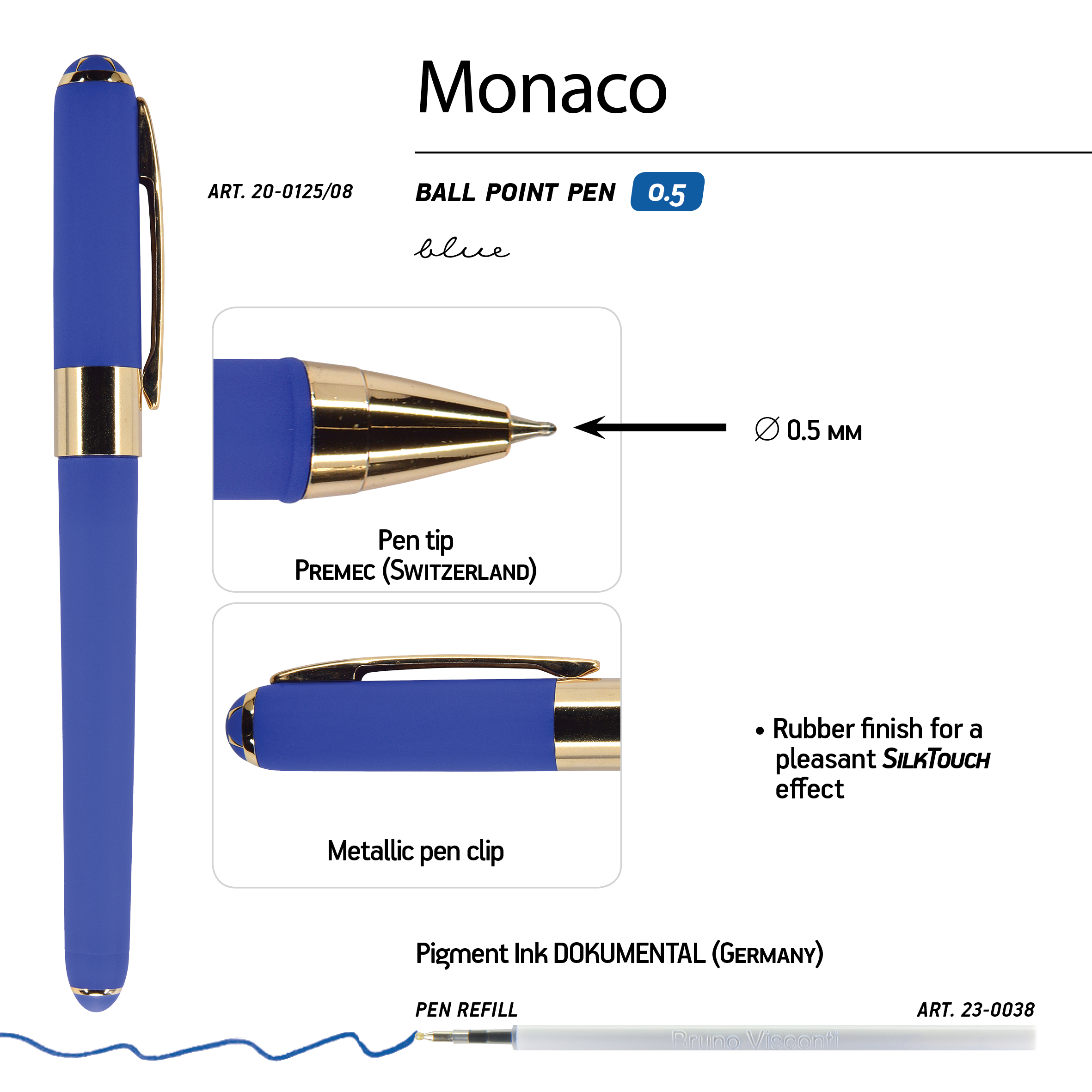 РУЧКА "MONACO" ШАРИКОВАЯ 0.5 ММ, СИНЯЯ (синий корпус)