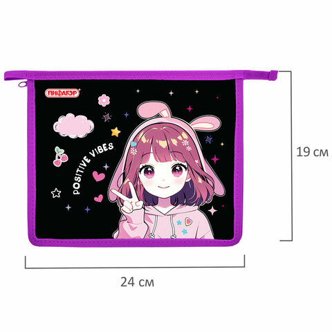 Папка для тетрадей ПИФАГОР А5, 1 отделение, пластик, на молнии, "Anime