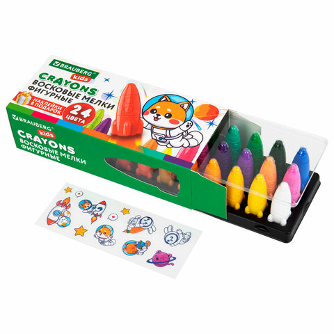 Восковые мелки фигурные BRAUBERG KIDS "РАКЕТА", НАБОР 24 цвета +