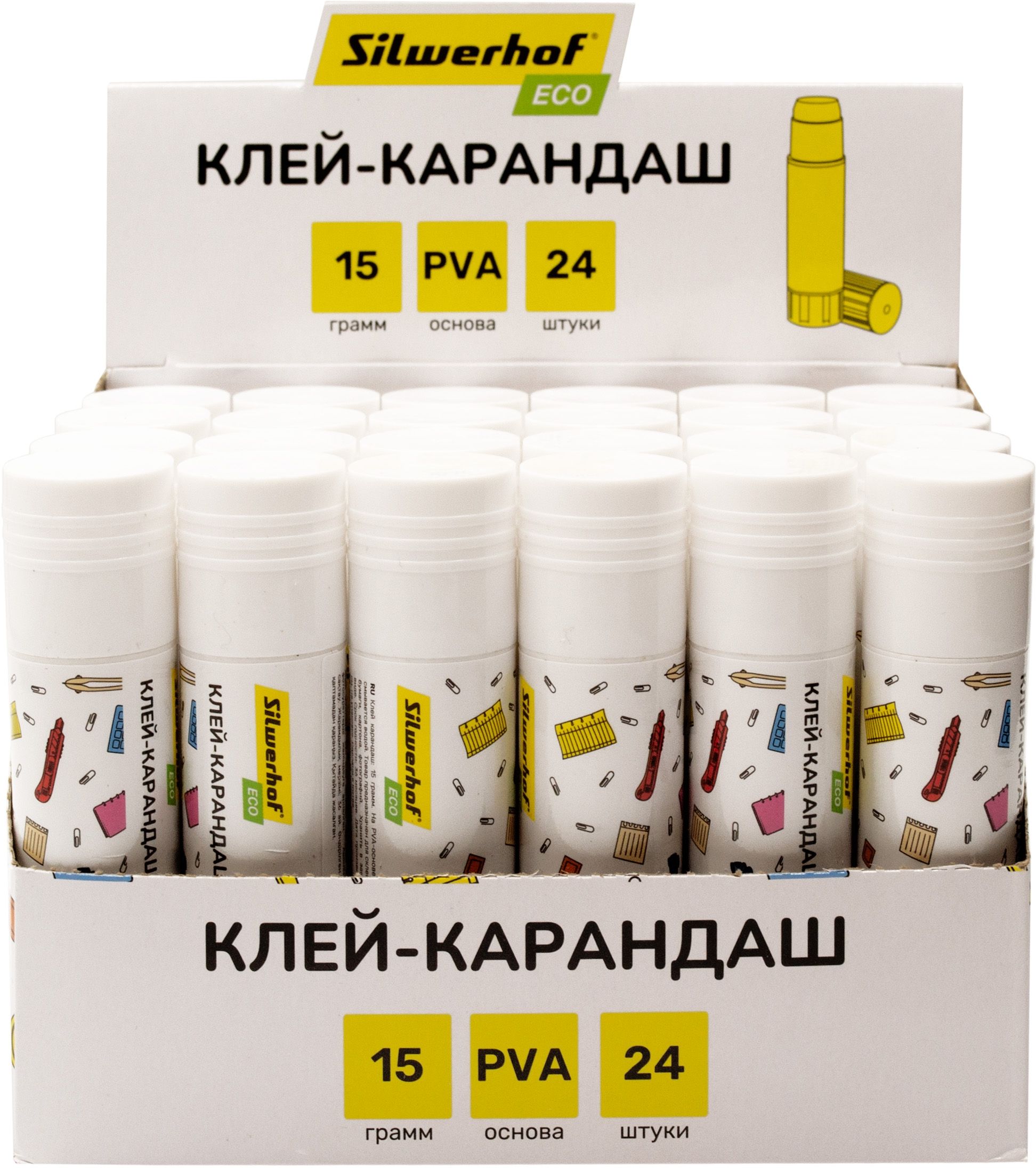 Клей-карандаш SILWERHOF ECO, 15 г, для бумаги, картона, фото, быстросохнущий PVA