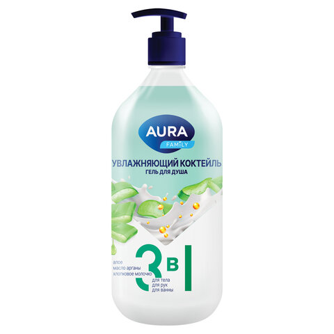 Гель для душа 3 в 1 для тела, рук и ванны 1 л, AURA FAMILY "Увлажняющий Гель для душа 3 в 1 для тела, рук и ванны 1 л, AURA FAMILY "Увлажняющий