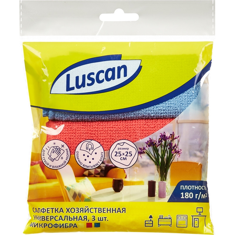 Салфетка хозяйственная Luscan микрофибра 180г 25х25см 3шт/уп син/крас/желт Салфетка хозяйственная Luscan микрофибра 180г 25х25см 3шт/уп син/крас/желт