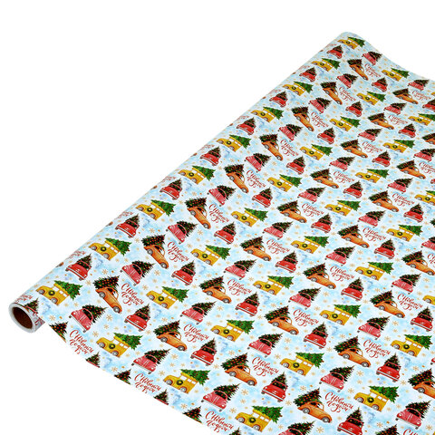 Бумага упаковочная мелованная BIG SIZE новогодняя "Машинки", 0,7х10 м,