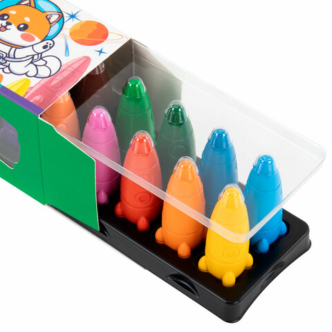 Восковые мелки фигурные BRAUBERG KIDS "РАКЕТА", НАБОР 12 цветов +