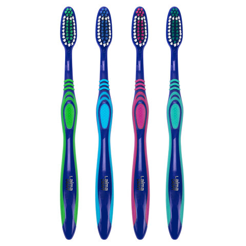 Зубная щетка средней жесткости, с чисткой языка, гибкая, КОМПЛЕКТ 4 шт., LAIMA