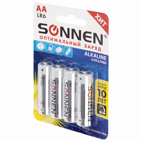 Батарейки КОМПЛЕКТ 4 шт., SONNEN Alkaline, АА (LR6, 15А), алкалиновые,
