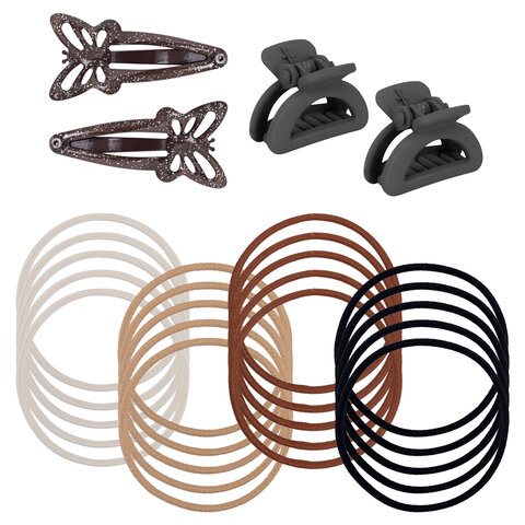 Набор для волос 24 шт.: 2 заколки 5 см, 2 краба 2,5 см, 20 резинок, MONTE VITA