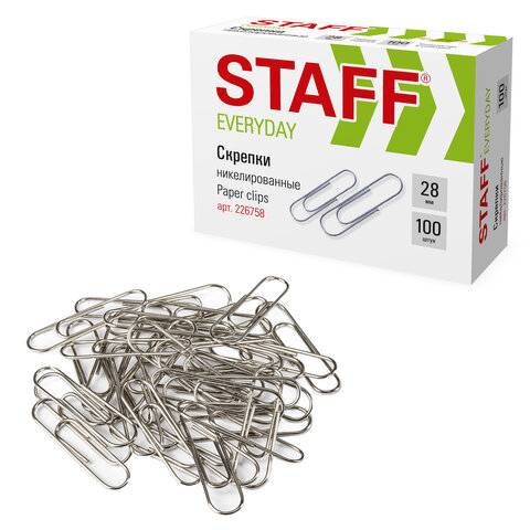 Скрепки STAFF, 28 мм, никелированные, 100 шт., в картонной коробке, 226758