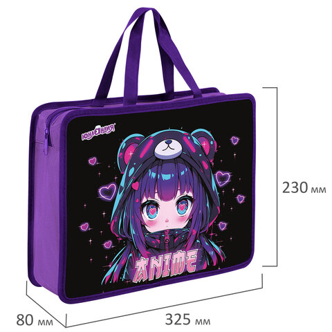 Папка на молнии с ручками ЮНЛАНДИЯ А4, 1 отделение, пластик, 80 мм, "Anime Папка на молнии с ручками ЮНЛАНДИЯ А4, 1 отделение, пластик, 80 мм, "Anime