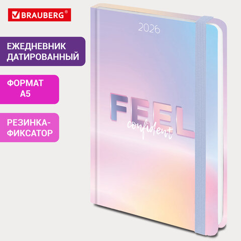 Ежедневник датированный 2026 с резинкой 145х203 мм, А5, BRAUBERG, твердый,