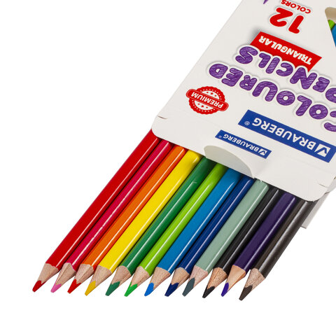 Карандаши цветные BRAUBERG PREMIUM, 12 цветов, трехгранные, грифель мягкий 3,3