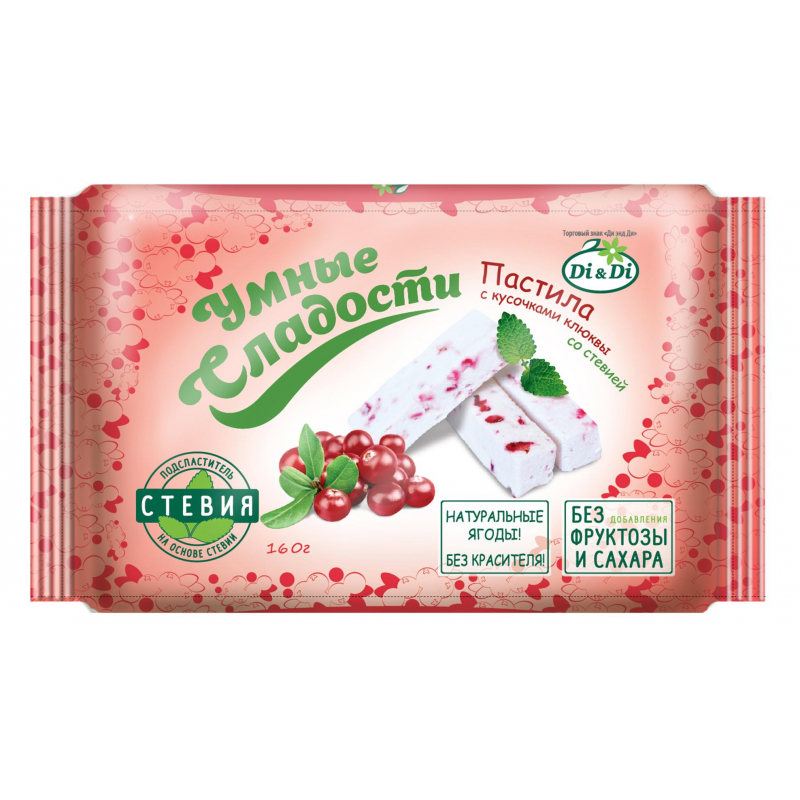 Пастила Умные сладости Di&Di с кусочками клюквы, стевия, 160г. Пастила Умные сладости Di&Di с кусочками клюквы, стевия, 160г.