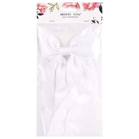 Заколка для волос баретте с бантом и широкими длинными хвостиками, белый, MONTE Заколка для волос баретте с бантом и широкими длинными хвостиками, белый, MONTE