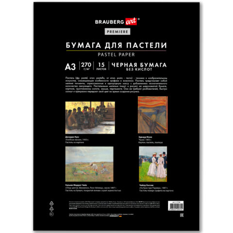 Бумага для пастели ФАКТУРНАЯ, А3, в папке, 15 листов, ЧЕРНАЯ, 270 г/м2, BRAUBERG