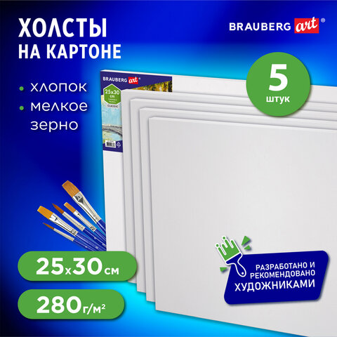 Холсты на картоне НАБОР 5шт (25*30см), 280г/м2, грунт, 100% хлопок, BRAUBERG ART