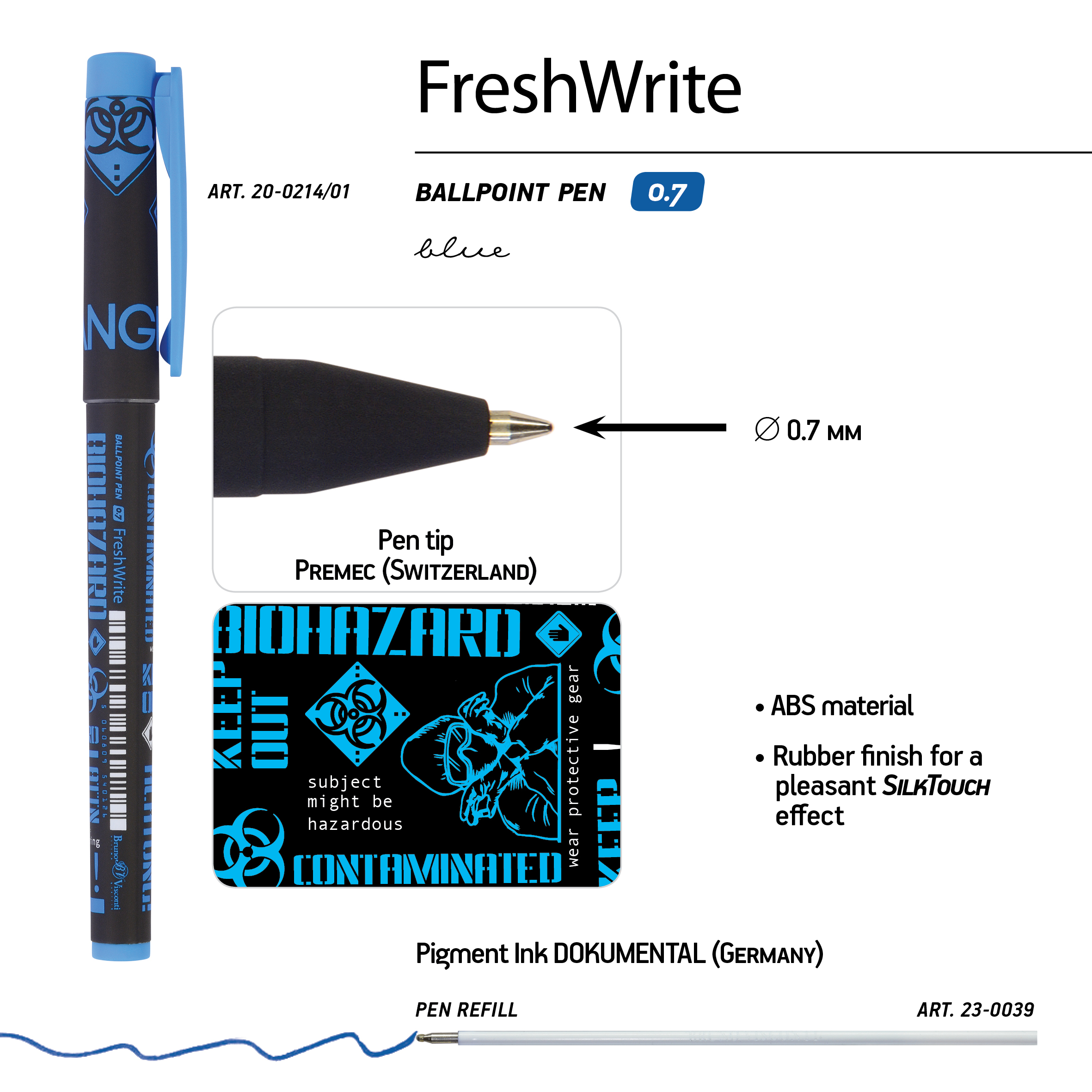 РУЧКА "FreshWrite. Биологическая опасность!" ШАРИКОВАЯ 0.7 ММ, СИНЯЯ