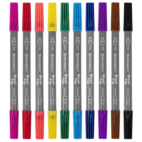 Фломастеры двусторонние BRAUBERG "PREMIUM" "DUAL-TIP", 10