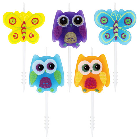 Свечи фигурные для торта на шпажках "Совы и бабочки", 5 шт., Свечи фигурные для торта на шпажках "Совы и бабочки", 5 шт.,