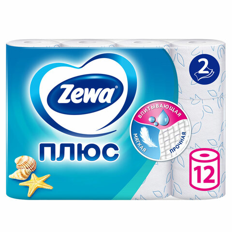 Бумага туалетная 2-х слойная 12 рулонов (12х23 м), СВЕЖЕСТЬ ОКЕАНА, ZEWA Plus,