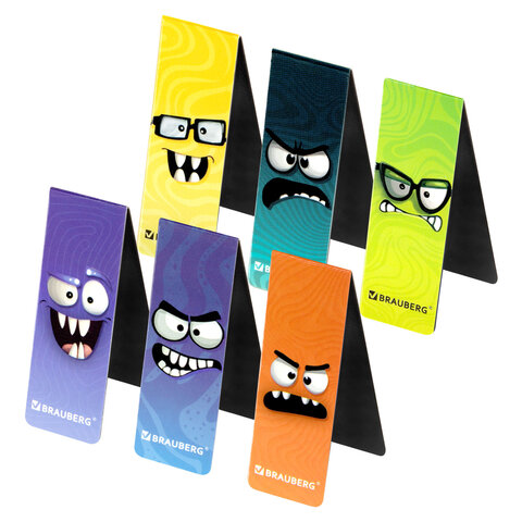 Закладки для книг МАГНИТНЫЕ, "МОНСТРИКИ", набор 6 штук, 60x20 мм,