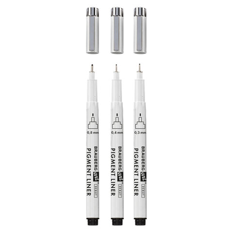 Капиллярные ручки линеры для рисования 3 шт., черные, 0,3/0,4/0,8 мм, BRAUBERG