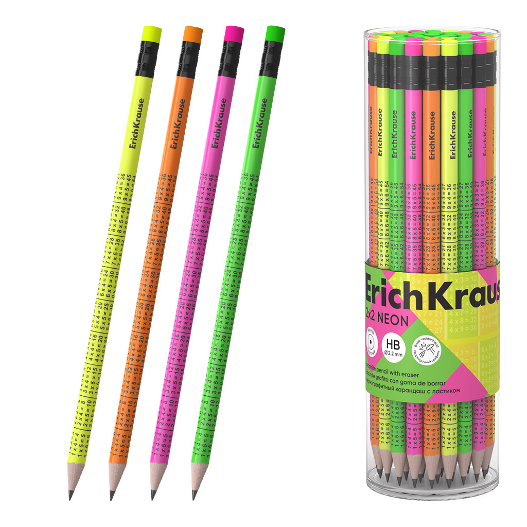 Чернографитный карандаш ErichKrause 2x2 Неон, круглый, с ластиком, ТМ (в тубусе Чернографитный карандаш ErichKrause 2x2 Неон, круглый, с ластиком, ТМ (в тубусе