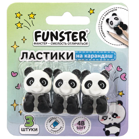 Ластик-топпер для карандаша FUNSTER (ФАНСТЕР) "ПАНДЫ", НАБОР 3 ШТУКИ, Ластик-топпер для карандаша FUNSTER (ФАНСТЕР) "ПАНДЫ", НАБОР 3 ШТУКИ,
