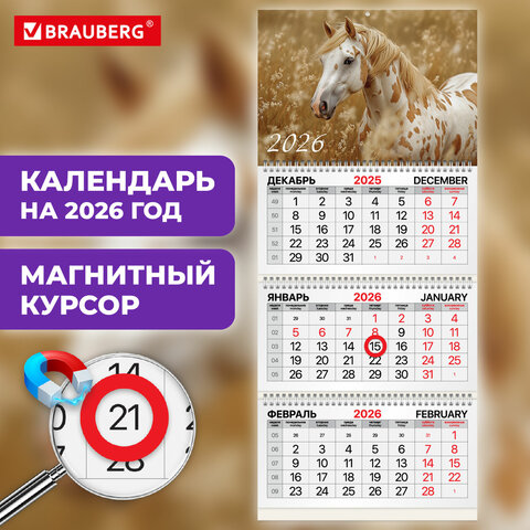 Календарь квартальный 2026 г., 3 блока, 3 гребня, магнитный курсор, мелованная