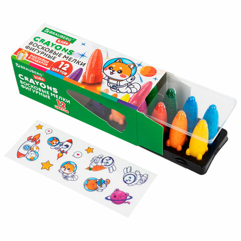 Восковые мелки фигурные BRAUBERG KIDS "РАКЕТА", НАБОР 12 цветов +