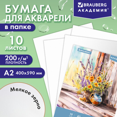 Папка для акварели БОЛЬШАЯ А2, 10 л., 200 г/м2, 400х590 мм, BRAUBERG АКАДЕМИЯ,