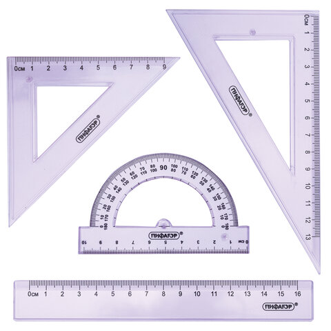 Набор чертежный ПИФАГОР (линейка 16 см, 2 треугольника, транспортир),
