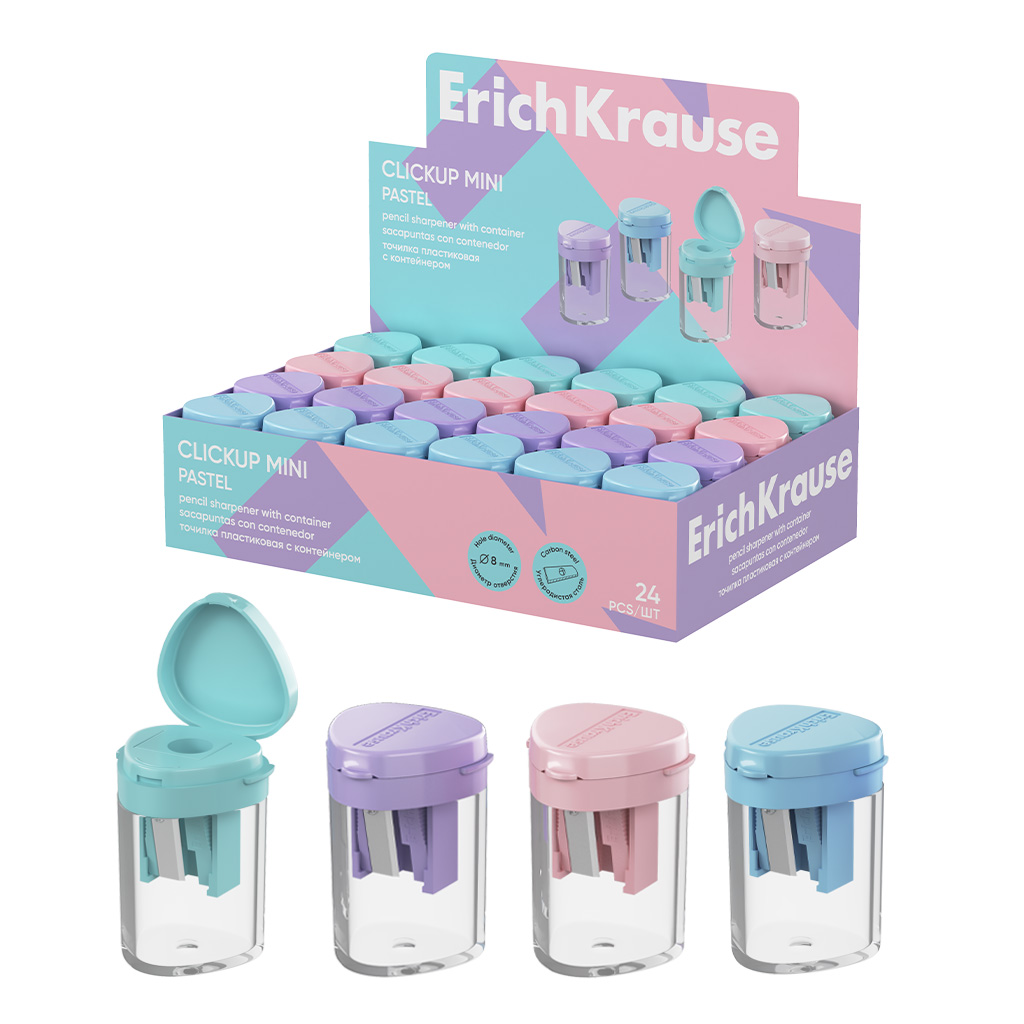 Точилка пластиковая ErichKrause Клик Мини, Пастель, с прозрачным контейнером, Точилка пластиковая ErichKrause Клик Мини, Пастель, с прозрачным контейнером,