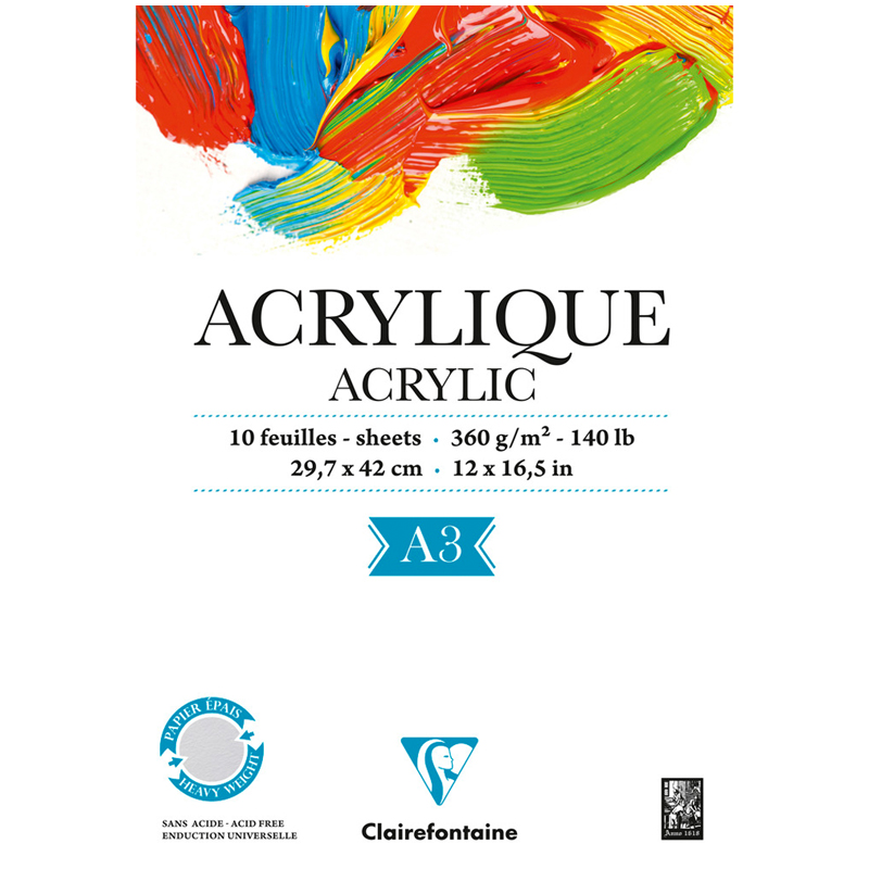 Альбом для акрила 10л., А3, на склейке Clairefontaine "Acrylic", Альбом для акрила 10л., А3, на склейке Clairefontaine "Acrylic",
