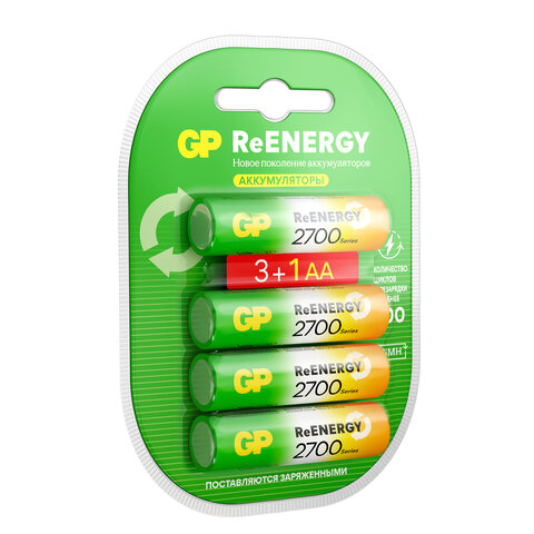 Батарейки аккумуляторные GP ReEnergy Ni-Mh КОМПЛЕКТ 4 шт. (ПРОМО 3+1), АА (HR6),
