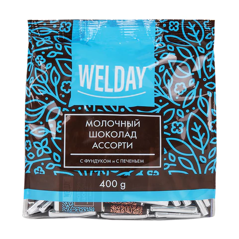 Шоколад порционный с фундуком и печеньем WELDAY (ВЭЛДЭЙ), молочный 27%, 400 г