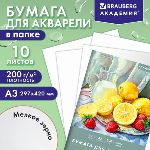Папка для акварели БОЛЬШАЯ А3, 10 л., 200 г/м2, 297х420 мм, BRAUBERG АКАДЕМИЯ,