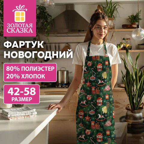 Фартук новогодний (1 шт.), 70х80 см, с изображением ЕЛОЧНЫХ ИГРУШЕК, полиэстер,
