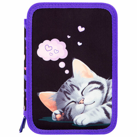 Пенал BRAUBERG, 3 отделения, полиэстер, 21х14 см, "Sleeping kitten",