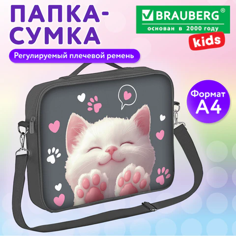 Папка на молнии с ручками BRAUBERG KIDS А4, 1 отделение, регулируемый плечевой
