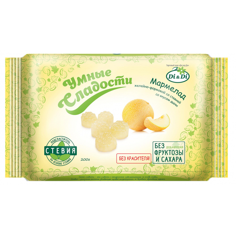 Мармелад Умные сладости Di&Di желейно-формовой со вкусом дыни, стевия, 200г. Мармелад Умные сладости Di&Di желейно-формовой со вкусом дыни, стевия, 200г.