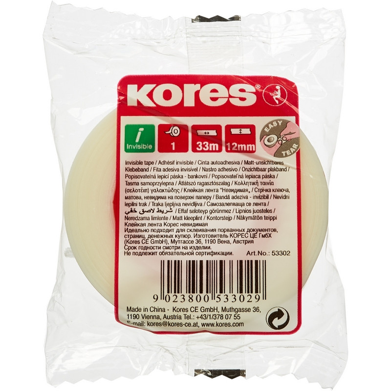 Клейкая лента канцелярская KORES 12х33 невидимая '53302 штр. 8412029601199, Клейкая лента канцелярская KORES 12х33 невидимая '53302 штр. 8412029601199,