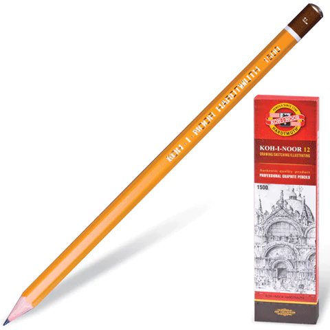 Карандаш чернографитный KOH-I-NOOR 1500, 1 шт., F, корпус желтый, заточенный, Карандаш чернографитный KOH-I-NOOR 1500, 1 шт., F, корпус желтый, заточенный,