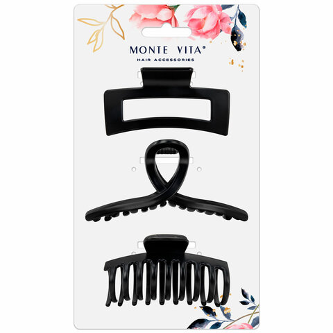 Крабы для волос НАБОР 3 шт., 8,5 см / 8,5 см / 11 см, soft-touch, чёрный, MONTE Крабы для волос НАБОР 3 шт., 8,5 см / 8,5 см / 11 см, soft-touch, чёрный, MONTE